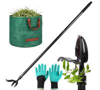 Caossuixin Désherbeur de mauvaises herbes avec tête en acier à 4 griffes, 3 sections de 1,1 m de long manche sans se pencher pour jardin/pelouse, pissenlit, chardons, comprend un sac à feuilles de 60