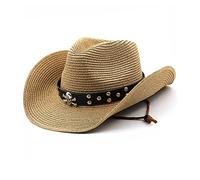 caoxhenr Chapeau de cowboy en paille Panama tissé pour homme et femme - Tête de mort en métal à large bord - Chapeau western avec ceinture, Kh, taille unique