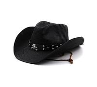 caoxhenr Chapeau de cowboy en paille Panama tissé pour homme et femme - Tête de mort en métal à large bord - Chapeau western avec ceinture, Noir, taille unique