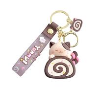 CAOXIAN Porte-clés en forme d'œuf de chat mignon en forme de rouleau de chat Kawaii pour gâteau, poupée, sac d'école, porte-clés avec pendentif de dessin animé pour couple, bijoux cadeau, marron, M