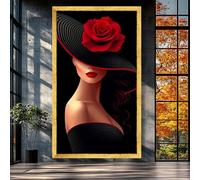 CAOXTART Affiches et impressions d'une femme élégante au chapeau de rose rouge, portrait de mode sur toile, art mural glamour, décoration intérieure moderne (80x140cm/sans cadre)