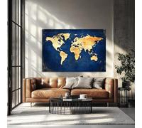 CAOXTART Carte dorée sur toile bleu marine, tableau texturé représentant une carte du monde. Affiche carte pour salon, décoration murale (60 x 80 cm, cadre intégré).
