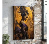 CAOXTART Élégant portrait de geisha sur toile, art mural japonais représentant une femme, affiches et estampes d'éventails dorés, œuvre d'art traditionnelle en kimono (50x70cm/sans cadre)