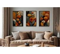 CAOXTART Ensemble de 3 tableaux abstraits floraux, impressions sur toile aux tons naturels, art botanique bohème pour salon et chambre (50 x 70 cm x 3 / cadre intérieur)