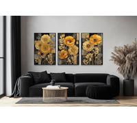 CAOXTART Ensemble de 3 tableaux muraux floraux noirs et dorés, impressions sur toile à fleurs jaunes pour une décoration bohème de salon (70 x 110 cm x 3 / cadre intérieur)