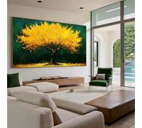 CAOXTART Grand tableau représentant un arbre doré, toile texturée verte moderne, paysage mural pour salon, décoration intérieure (65 x 130 cm avec cadre intérieur)