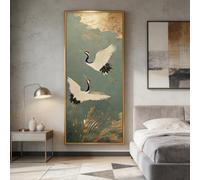 CAOXTART Grande peinture à l'huile verticale représentant une grue rouge, art mural abstrait texturé à la feuille d'or, impressions sur toile d'oiseau blanc asiatique (65x195cm/cadre intérieur)