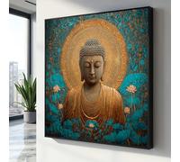 CAOXTART Impression sur toile du portrait du Bouddha doré, peinture murale méditative, décoration intérieure, motif de fleur de lotus, art mural de religion zen (45x45cm/cadre intérieur)