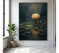 CAOXTART Peinture de paysage, Toile Fleur de lotus dorée, Reflet de nénuphar, Affiches et impressions botaniques, Décoration intérieure (40x60cm/Sans cadre)