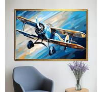 CAOXTART Peinture sur toile représentant un avion vintage, impression d'art mural rétro bleu et orange, affiches de scène de vol dynamique, décoration unique (40 x 60 cm, cadre intérieur)