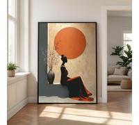 CAOXTART Silhouette de femme peinte, impression sur toile en robe rouge, art mural abstrait avec cercle solaire, peinture minimaliste (20x30cm/sans cadre)