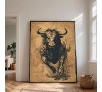 CAOXTART Tableau à l'huile sur toile représentant un taureau chargeant, art mural vintage, affiche de style ferme pour le salon, décoration intérieure (30 x 40 cm/cadre intérieur)