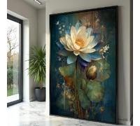 CAOXTART Tableau abstrait de fleur de lotus sur toile, peinture botanique bleue et crème, affiche florale pour la décoration intérieure, impression sur toile (30 x 40 cm/cadre intérieur)