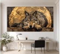 CAOXTART Tableau abstrait sur toile « Loup sur la lune », peinture d'animaux, décoration murale pour salon et intérieur (60 x 120 cm avec cadre intérieur)