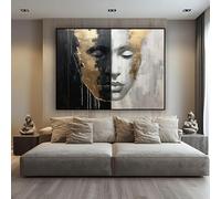 CAOXTART Tableau abstrait sur toile représentant un visage : art mural texturé noir, blanc et or, affiches et impressions de visage pour le salon, décoration intérieure (60 x 90 cm/sans cadre)