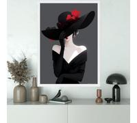 CAOXTART Tableau mural sur toile « Femme au chapeau noir », art mural floral rouge, affiche portrait de mode, décoration de chambre, œuvre d'art sur toile (50 x 70 cm/cadre intérieur)