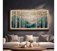 CAOXTART Tableau panoramique Forêt de bouleaux bleu sarcelle et or, affiche de paysage pour salon, décoration murale (60 x 120 cm/cadre intérieur)