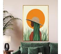 CAOXTART Tableau sur toile Chapeau de soleil, Femme au chapeau de paille, Affiches et impressions silhouette cheveux verts, Décoration bohème pour chambre à coucher (60x90cm/cadre intérieur)