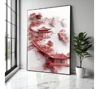 CAOXTART Tableau sur toile de pagode zen, estampes d'art de temple rouge, art mural de paysage de cascade, œuvre d'art de jardin, décoration intérieure japonaise (60 x 90 cm/cadre intérieur)