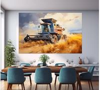 CAOXTART Tableau sur toile « Moissonneuse-batteuse dans les champs », décoration murale de ferme, art sur toile représentant la moisson (70 x 110 cm/cadre intérieur)