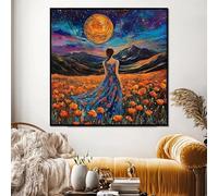 CAOXTART Tableau sur toile « Paysage onirique », affiches et impressions « Champ au clair de lune », femme en robe fleurie, décoration murale surréaliste (30 x 30 cm/cadre intérieur)