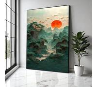 CAOXTART Tableau sur toile représentant un paysage de montagne, coucher de soleil rouge, affiches et impressions de scènes de nature, images de pins et d'oiseaux (50x70cm/cadre intérieur)