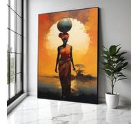 CAOXTART Tableau sur toile représentant une femme africaine avec un pot, coucher de soleil, décoration murale ethnique, affiche de paysage, impression d'art tribal (20 x 30 cm/sans cadre)