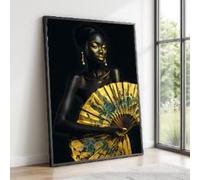 CAOXTART Tableau sur toile représentant une femme noire avec un éventail jaune, portrait moderne, illustration de mode, affiches et impressions prêtes à accrocher (60 x 80 cm/cadre intérieur)