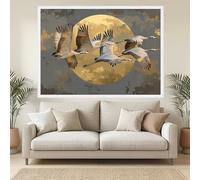 CAOXTART Toile « Grues en vol et lune dorée », Décoration murale élégante avec des oiseaux, Silhouette de la nature, Affiches animalières, Décoration murale pour la maison (70 x 100 cm/Sans cadre)