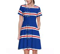 Cap-Vert Drapeau Imprimé Robe Femme Été UK Décontractée Ceinture Élastique Manches Courtes Swing Midi avec Poches Style A-Ligne Longueur Genou M