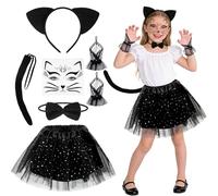 Capaneus Costume de chat pour fille, costume de chat avec oreilles de chat, serre-tête, nœud papillon, jupe tutu, queue de chat, accessoires de déguisement pour Halloween, carnaval, fête à thème