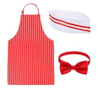 Capaneus Lot de 3 tabliers et toque de cuisinier, pour adulte, avec toque de chef et nœud papillon, ensemble de tabliers de cuisine avec poches, rayures rouges et blanches, tablier de cuisine et de