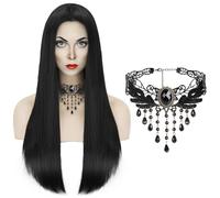Capaneus Perruque Noire Longue, Perruque Mercredi, Perruque Sorcière pour Adultes, Collier Gothique, Perruque Noire Longue Naturelle pour Halloween, Carnaval, Cosplay, Fête