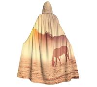 Cape à capuche avec imprimé chevaux sur pâturage au coucher du soleil, cape de sorcière, convient pour bal masqué, fête de Noël, costume de cosplay