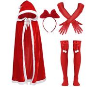 Cape à capuche de Père Noël - Cape de Père Noël en velours rouge - Cape de princesse de Noël en fourrure - Cape de Noël en velours pour femme - Chaussettes de Noël solides - Nœud de pom-pom girl et
