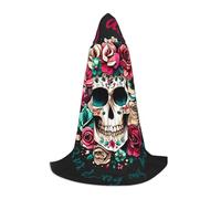 Cape à capuche noire avec tête de mort et rose pour adulte et adolescent, cape d'Halloween à capuche, robe de sorcier avec cape de peur