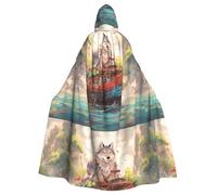 Cape à capuche pour adulte Halloween, cape à capuche imprimée loup sur un bateau, très grande taille avec nœud papillon