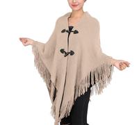 Cape d'automne et d'hiver à franges avec boucle en corne de couleur unie irrégulière à double frange, cape chaude et épaisse pour voyage, kaki, A