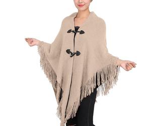 Cape d'automne et d'hiver à franges avec boucle en corne de couleur unie irrégulière à double frange, cape chaude et épaisse pour voyage, kaki, A