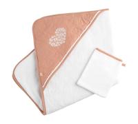 Cape de bain et gant en coton matelassé et éponge - petit coeur blanc/rose 75X75
