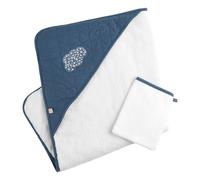 Cape de bain et gant en coton matelassé et éponge - petit coeur blanc/bleu 75X75