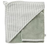 Cape de bain + gant éponge bambou et gaze rayé vert de gris