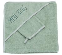 Trois Kilos Sept, Cape de Bain Bébé "Mini-Nous" 70X70cm Avec Gant, Éponge Douce, Avec Capuche Brodée, Ultra-Absorbante, Lavable à 30°C, Naissance, Vert Sauge
