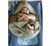 Cape de bain gaze de coton + gant de toilette PETIT DINO vert 80X80