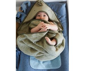 Cape de bain gaze de coton + gant de toilette PETIT DINO vert 80X80