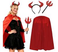 Cape de Diable Rouge pour Femme, Costume de Diable Femme, Tatouages Temporaires pour Visage, Serre-Tête avec Diable Halloween, Costume avec Trident et Col Montant - Ensemble pour Mascarade, Cosplay