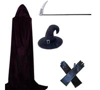 Cape de mort en velours pour adultes avec chapeau de sorcière, faux et gants assortis pour Halloween et sorcière, cosplay, fêtes costumées, cape de vampires en velours