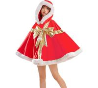 Cape de Noël amusante pour femme en peluche à capuche en velours avec boîte cadeau, poncho, elfe, châle, costume de Mère Noël, A - Rouge, S
