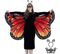 Cape de papillon pour femme - Ailes de papillon - Costume de carnaval - Impression recto-verso - Avec masque et serre-tête - Pour Halloween et carnaval - Orange