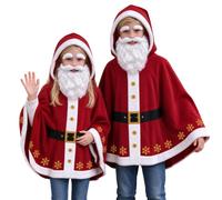 Cape de Père Noël rouge à capuche avec bordure blanche et fermeture | Cape festive avec capuche attachée, bordure blanche, boutons avant dorés et ceinture noire pour un Père Noël classique